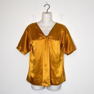 New York & Co Satin Blouse XS Draped Mustard Whimsigoth Holiday Party Cocktail